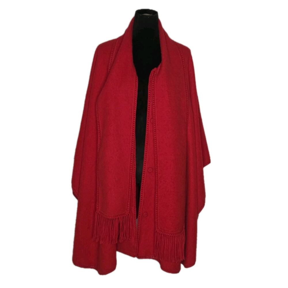 Ccahuantico Vintage Alpaca Wool Cape Wrap Red Fringe Open Front Peru OS